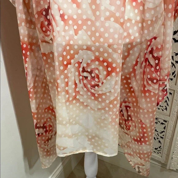 Roberto Cavalli silk Peach Polka Dot ,and rose print Sheer Tunic with Black Trim - Picture 5 of 10